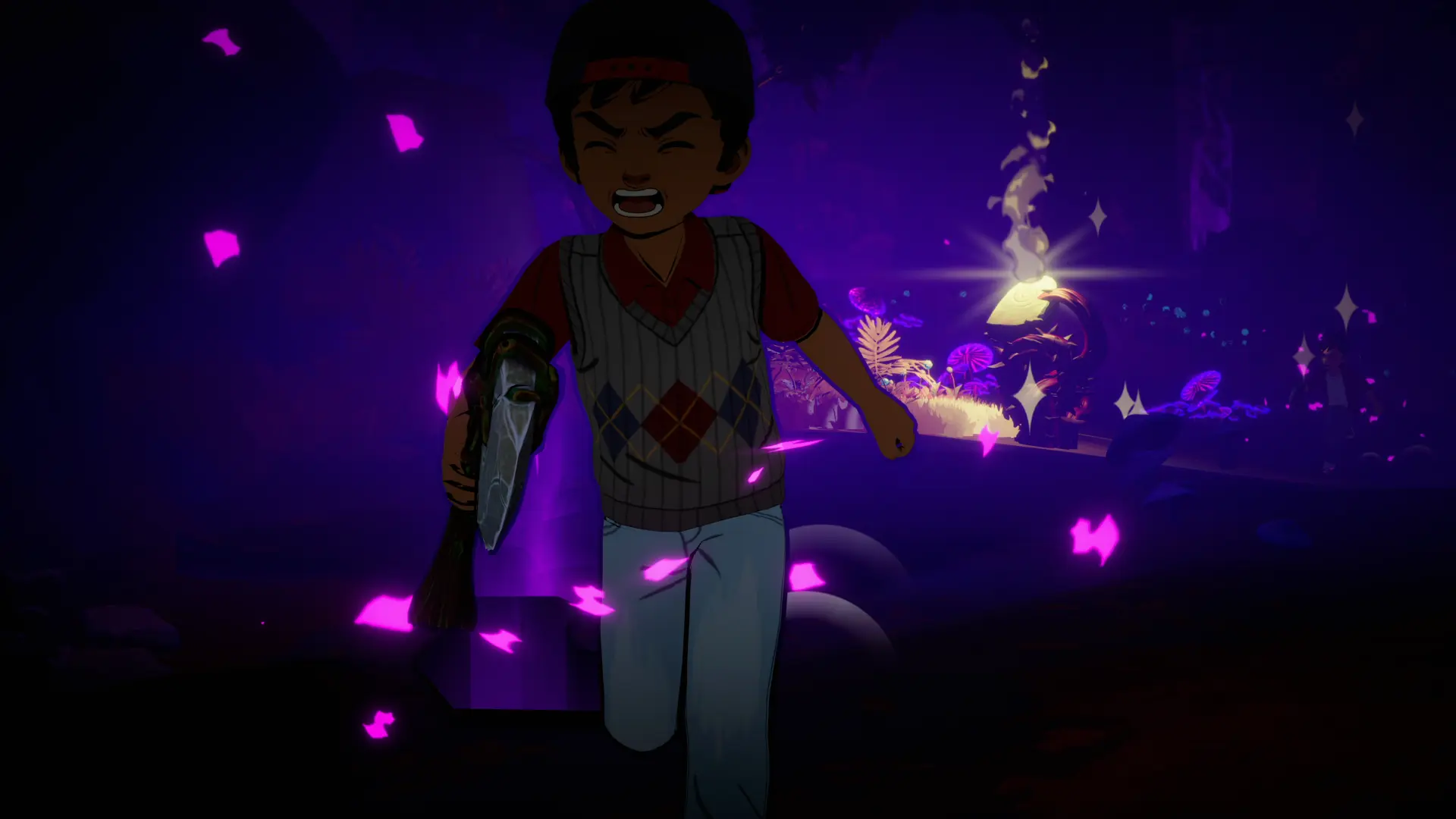 A child charges forward through a glowing purple forest