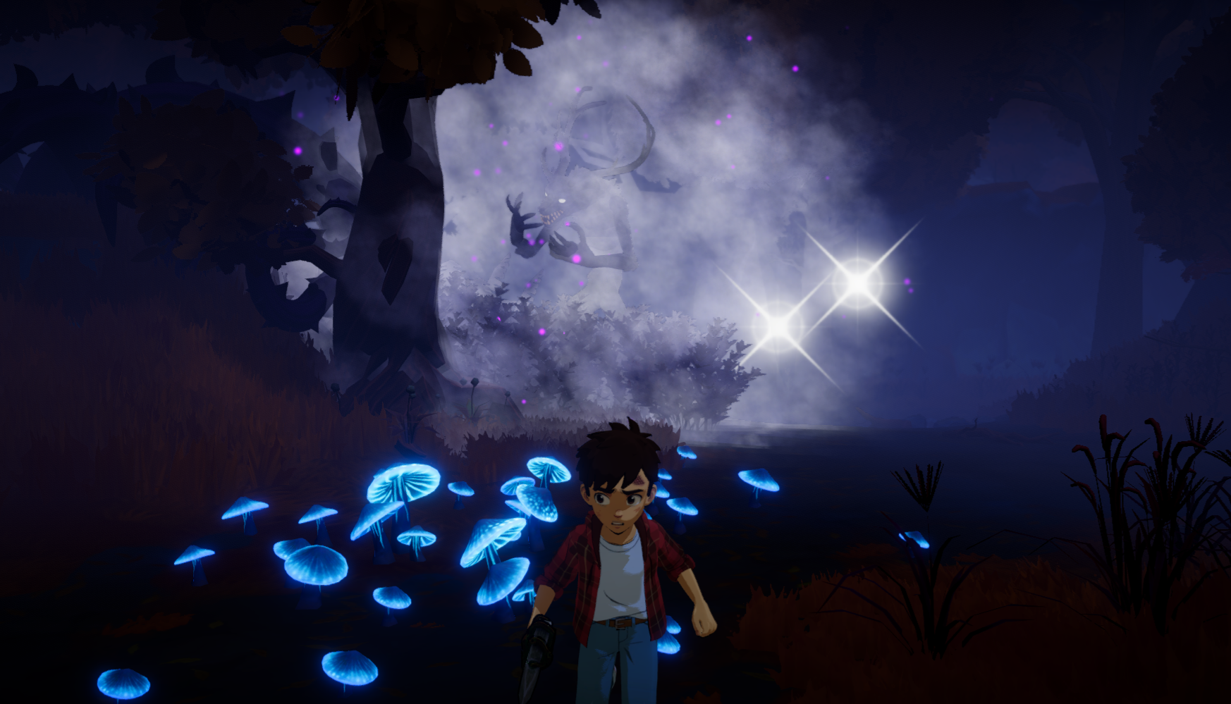The Beast emerges from the mist behind a child in a glowing mushroom grove