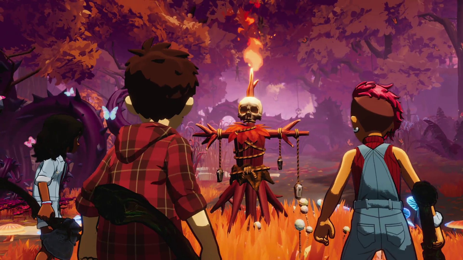 Three children face a skull totem in a cursed forest